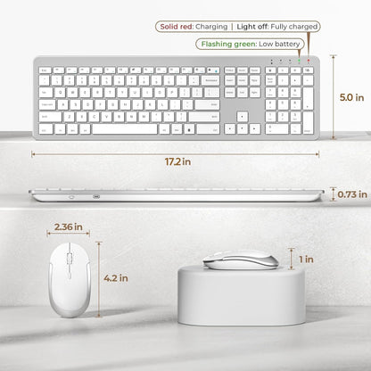 seenda Rechargeable Wireless Keyboard and Mouse, SK38-3 Ultra Slim Quiet USB Keyboard and Mouse Set for Windows Laptop PC, Full-Size QWERTY UK Layout, Silver and White