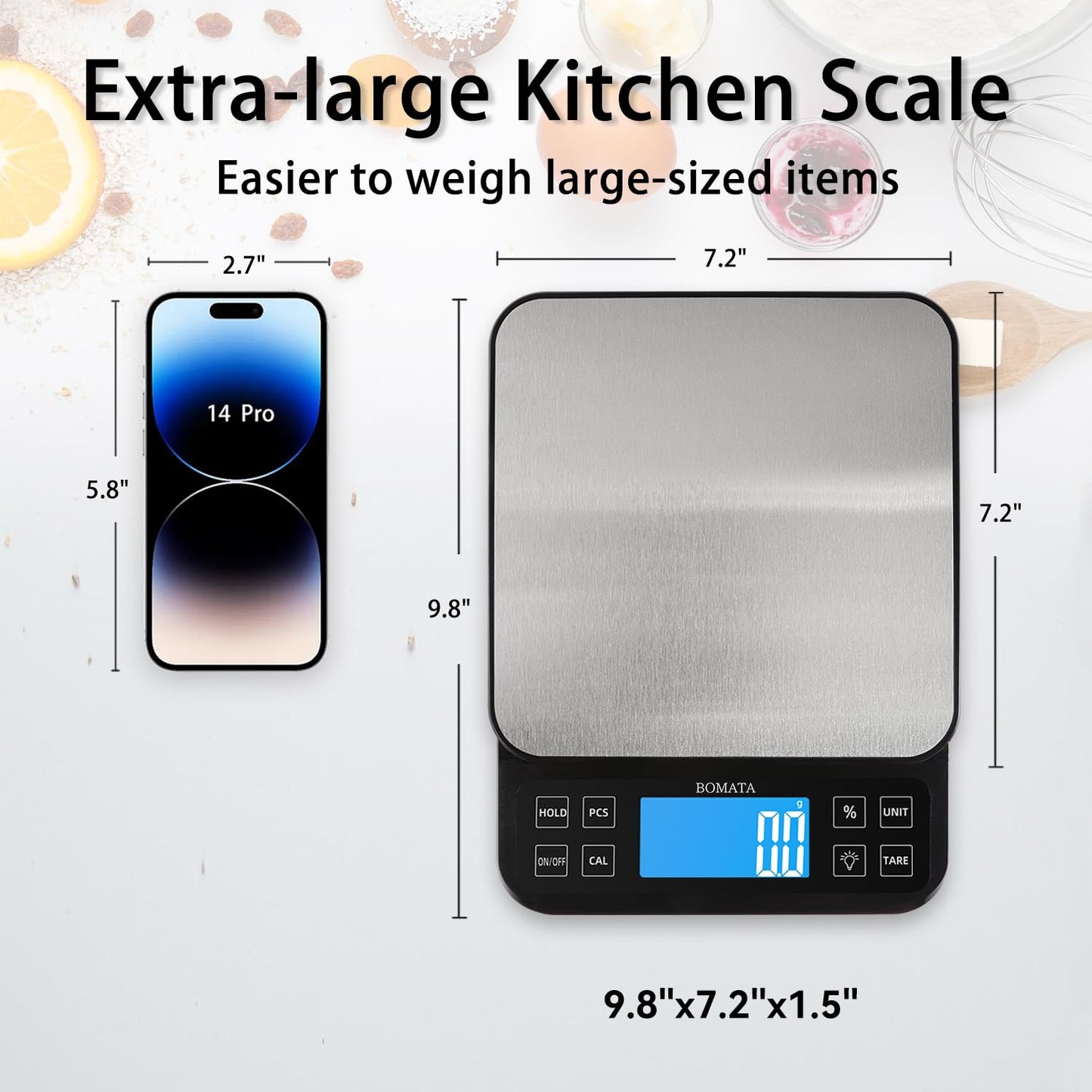 BOMATA Large Kitchen Scale with 0.1g/0.001oz High Precision, 5kg/11lb Bakery Scale with% Percentage Function, USB Rechargeable, Full-View Angle LCD with Backlight, Stainless Steel Pan