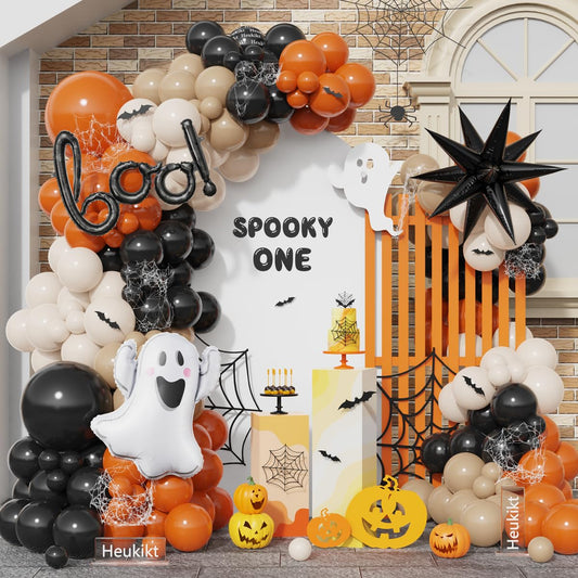 Halloween Little BOO Balloon Garland Arch Kit, 151 Pcs Black Burnt Orange Retro White Latex Balloons with Ghost and Boo Foil Balloon for Spooky One Costume Halloween Party Decorations