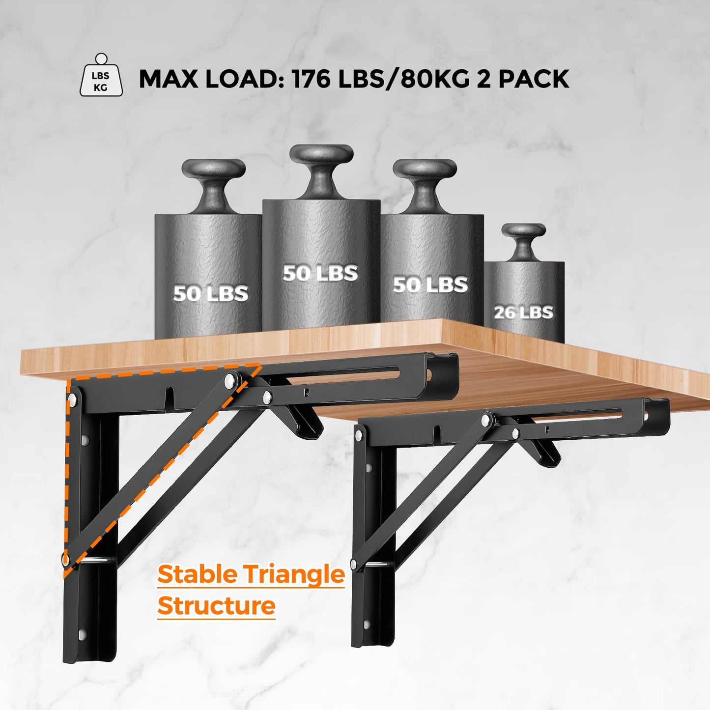 Ravinte 10 Inch Folding Shelf Brackets - Matte Black Collapsible Heavy Duty Brackets for Table Bench - Space Saving, 2 Pack ﻿