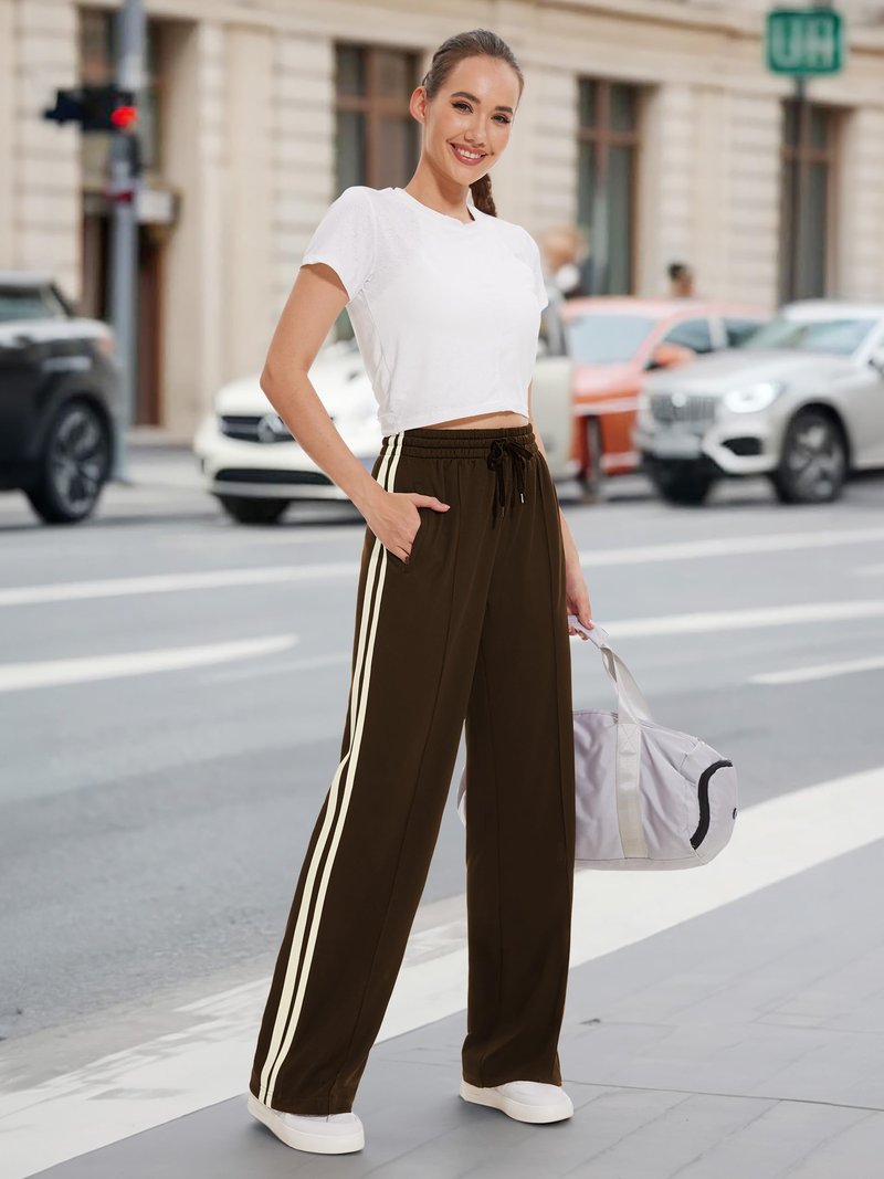 Tapata Tall Womens 34" Inseam Track Pants Relaxed Fit Striped Workout Sweatpants Baggy Trousers with Zipper Pockets, Brown, M
