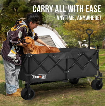Overmont 300L Extra Large Folding Festival Trolley Cart - All-terrain Wide Wheels and Brake - Heavy Duty Cart Load up 200KG - with Adjustable Handle & Cover Bag - Wagon for Beach Camping Garden