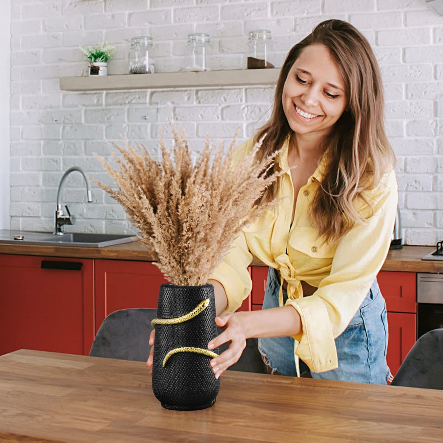 Black Flower Vase Home Decor, Halloween Decor Indoor, Unique Black Vase for Bookshelf Fireplace Bedroom Kitchen Living Room Table Centerpieces Office Desk,Boho Vase, 8" Tall