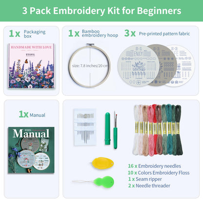 ETSPIL Embroidery Kit for Adult Beginners, 3-Pack 33-Stitch Practice Samplers, Pre-Stamped Patterns, 7.8-Inch Hoop, Threads & Needles, Step-by-Step Guide & Video, DIY Needlework Craft Gift for Women