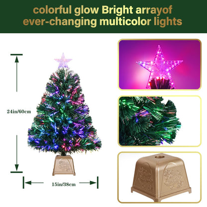 24inch Green Fiber Optic Christmas Tree,Pre-Lit Artificial Mini Christmas Tree, Tabletop Small Xmas Tree with Stars Holiday Home Decorations