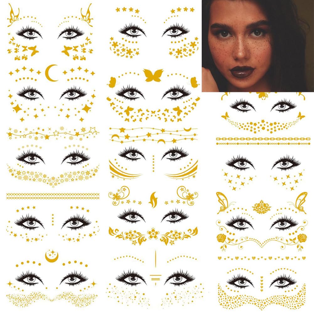14 Sheets Face Temporary Tattoos, Rosymormor Face Stickers Gold Metallic Temporary Transfer Glitter Fake Tattoos, Freckle Stickers for Women Girls Festival Halloween Makeup Dancer Costume Parties