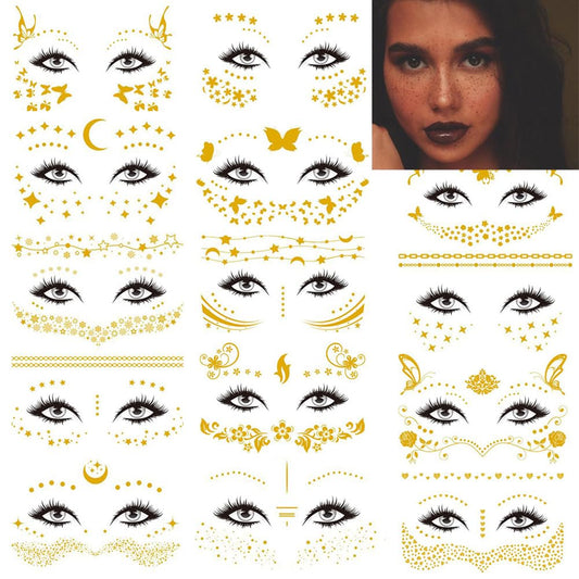 14 Sheets Face Temporary Tattoos, Rosymormor Face Stickers Gold Metallic Temporary Transfer Glitter Fake Tattoos, Freckle Stickers for Women Girls Festival Halloween Makeup Dancer Costume Parties