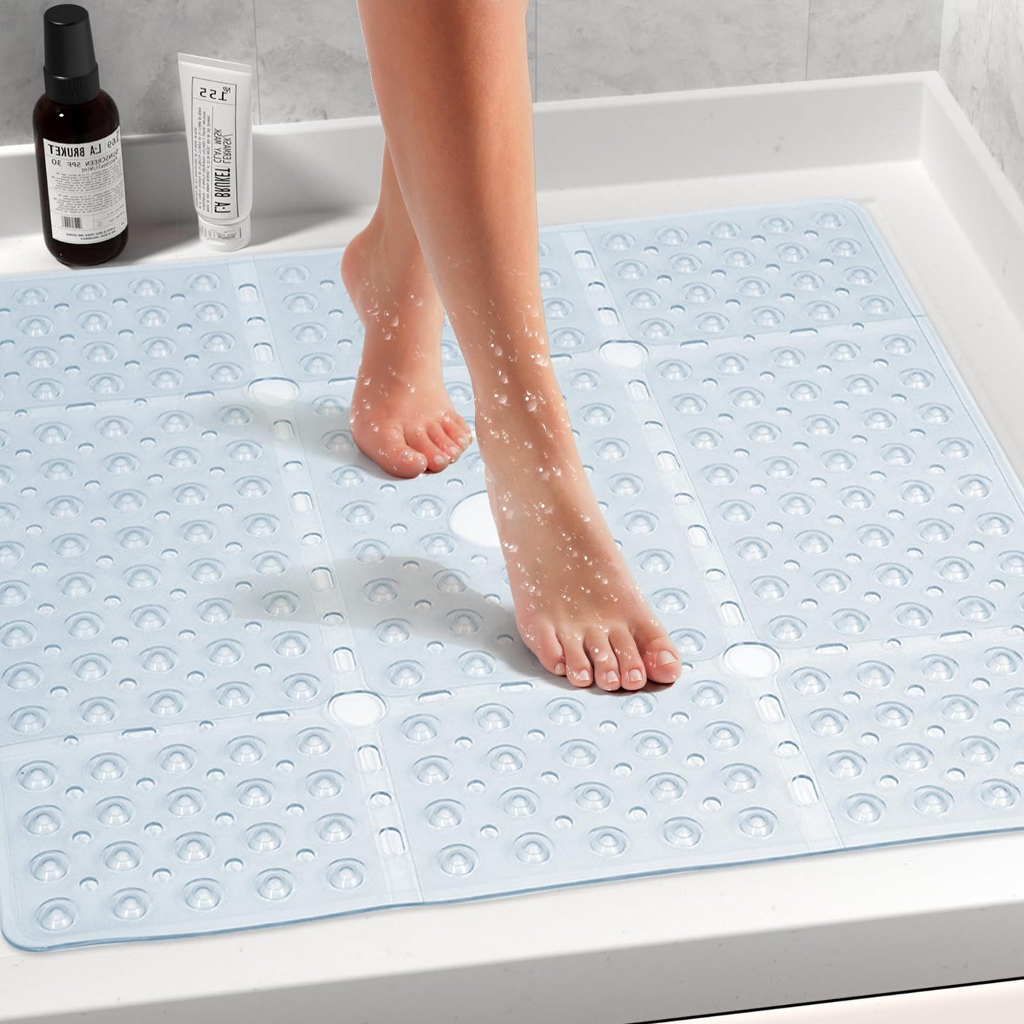 Naoloture Large Square Shower Mat 27 x 27 Inch Clear, Non Slip Shower Bathtub Mats for Inside Shower With Big Suction Cups Drain Holes, Anti Slip Bathroom Floor Shower Stall Mats, Easy Clean, BPA-Free