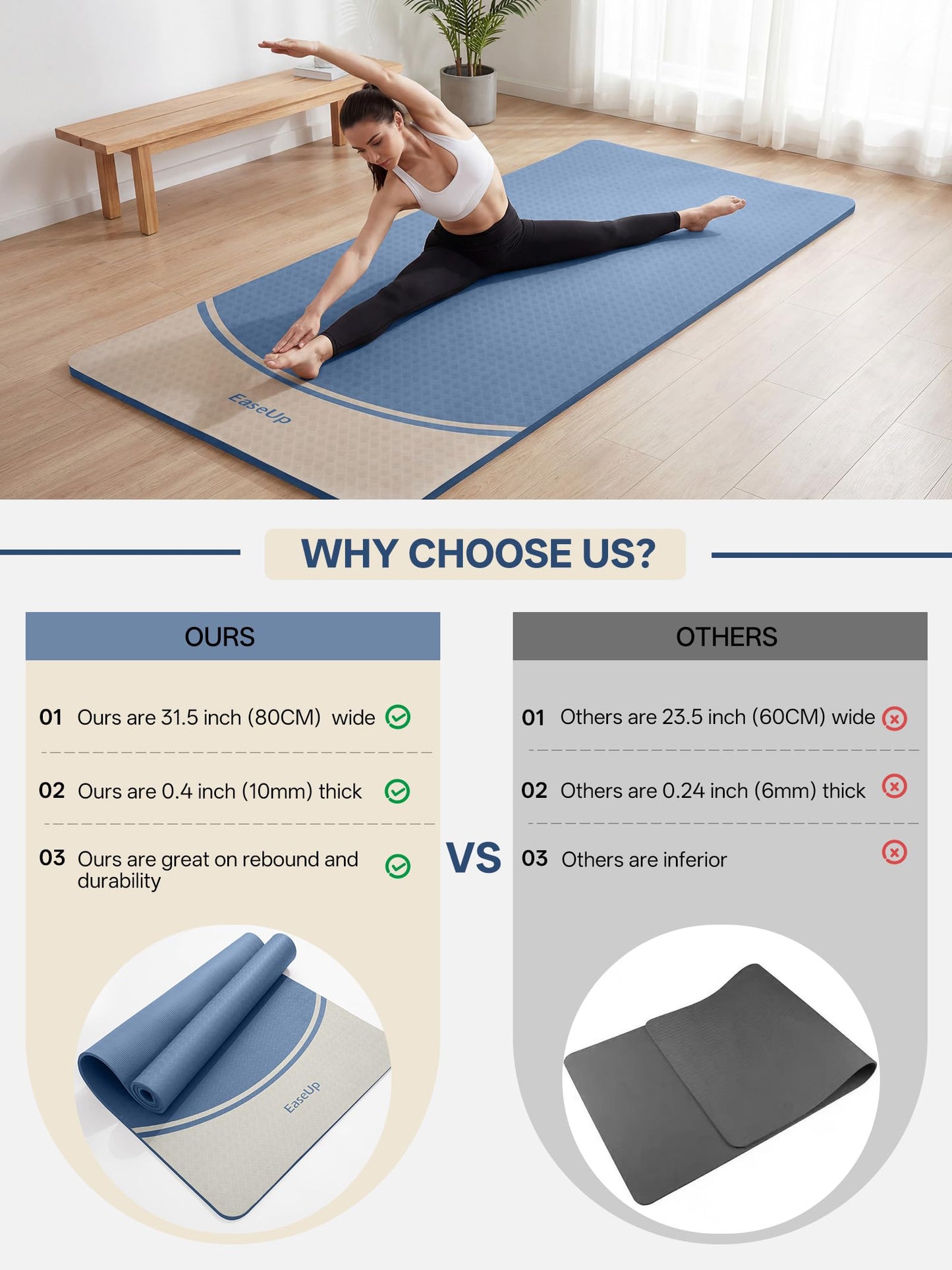 EaseUp Extra Thick Yoga Mat -2/5 inch (10MM), 72.8x31.5" Extra Long-Wide, Professional TPE Non-slip yoga mats for Yoga,Exercise, Workout,Pilates and Fitness, with strap (Blue)