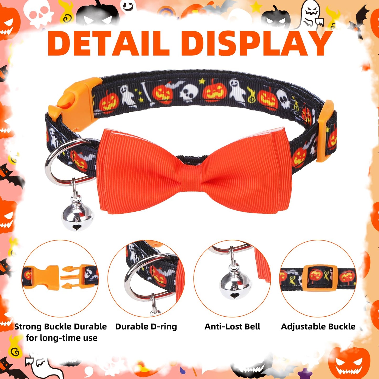 PUPTECK Halloween Bowtie Dog Collar with Bell 2 Packs, Adjustable Breakaway Puppy Collar, Sweet Gift for Small Dogs Pets, 11.8-15.7 in