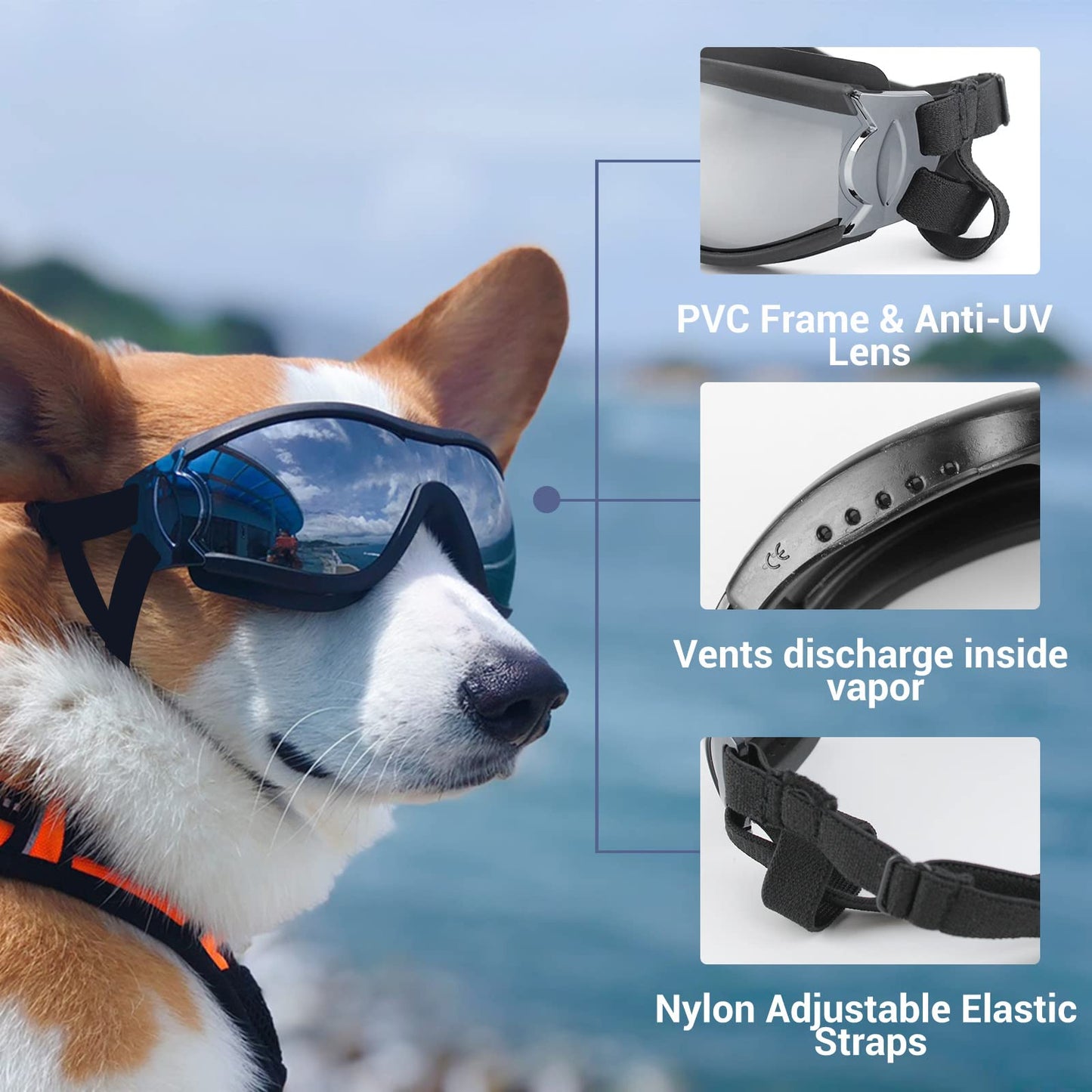 NAMSAN Dog Goggles Medium to Large Dog UV Sunglasses Windproof Anti-Dust Snowproof Pet Glasses with Elastic Straps