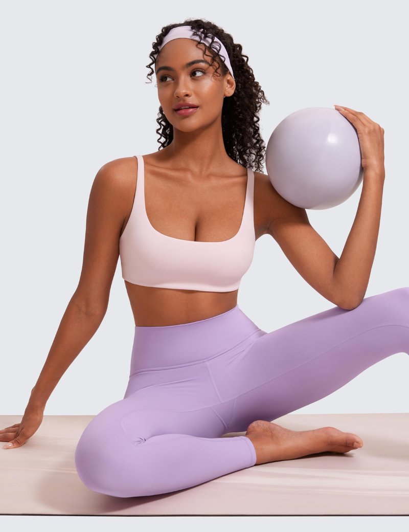 CRZ YOGA Butterluxe Square Neck Spaghetti Strap Sports Bras for Women - Low Coverage Yoga Wireless Padded Cami Crop Top Strawberry Pink Medium