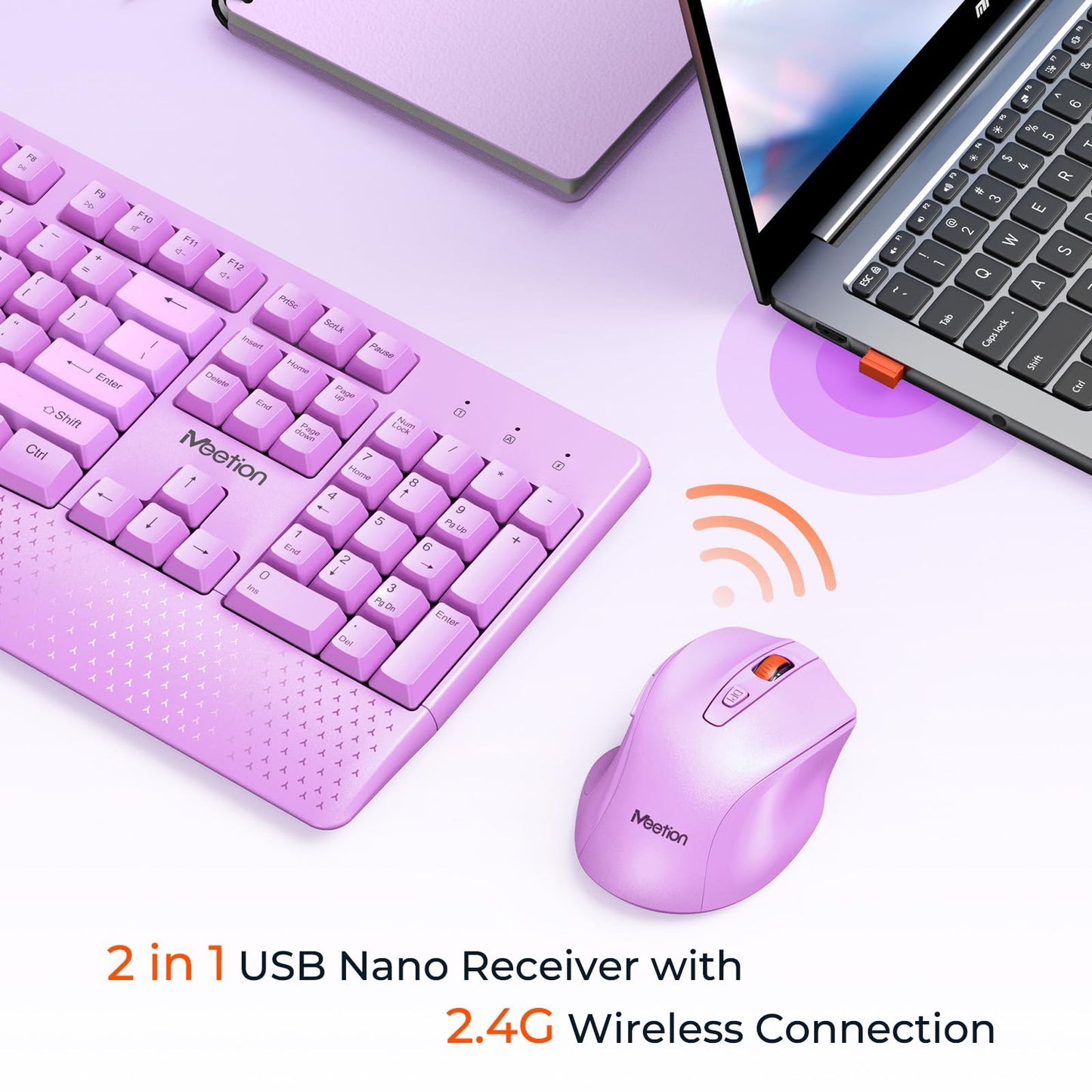 MEETION Wireless Keyboard and Mouse, Full-Sized Cordless Keyboard with Wrist Rest and 3 DPI Adjustable Mouse, Keyboard and Mouse Set with 2.4GHz USB Receiver, for PC/Computer/Laptop/Windows/Mac, Pink