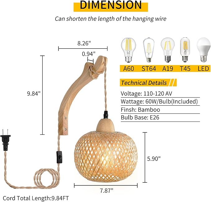 Frideko Bamboo Wall Sconces Set of Two Plug in, Boho Wall Lamp with Plug in Cord, Farmhouse Light Fixtures with 9.84FT On/Off Switch Cord, Rattan Sconces Lighting for Bedroom Living Room