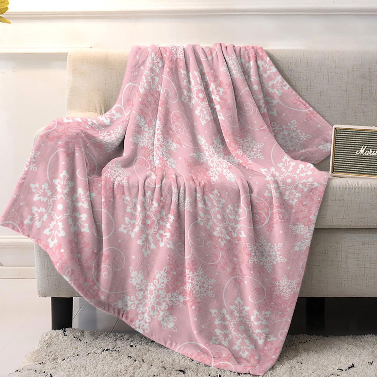 Christmas Throw Blankets, Pink White Snowflakes Pattern Soft Fleece Blanket Decorative for Home Sofa Couch Chair Living Bedroom,40x50 Inches, Winter