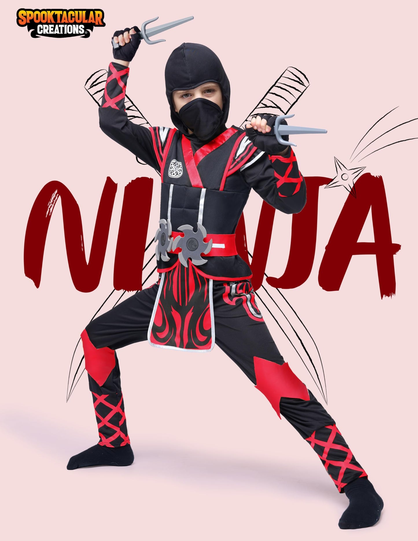 Spooktacular Creations Kids Red Ninja Costume, Child Boy Ninja Outfit Set, Halloween Costume for Toddler Themed Parties, Dress Up (Medium, 8-10 yrs)
