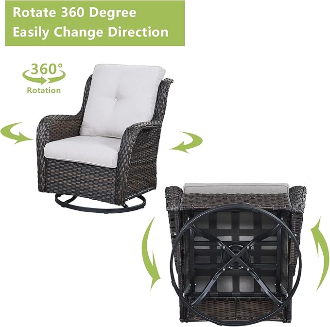Rilyson Wicker Rocking Chair Swivel Chairs - 3 Piece Rocker Patio Furniture Set Rattan Rocking Bistro Sets with Glass Top Side Table for Outdoor Porch Deck Garden Backyard (Brown/Beige)