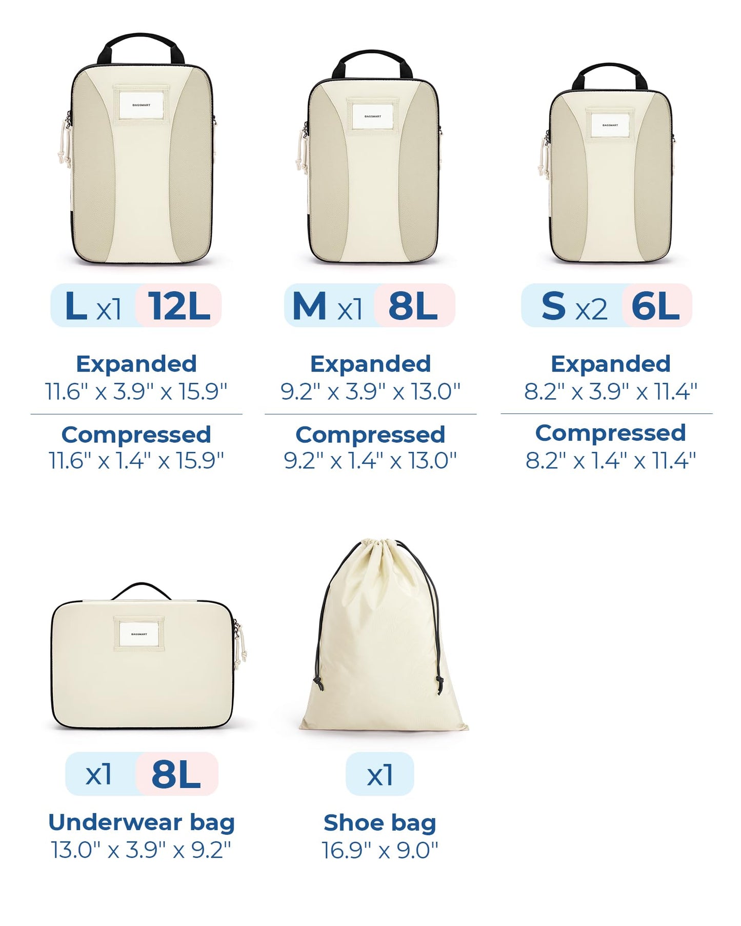 BAGSMART Compression Packing Cubes, 6 PCS Packing Cubes for Suitcases, Travel Bags Organizer for Luggage, Lightweight Packing Cube for Travel Essentials, Beige