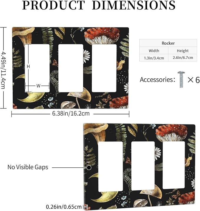 Nature Plant Botanical Daisy Mushroom Snails And Moon Triple Rocker/Decora Wall Plate 3 Gang Light Switch Outlet Cover Plate Decorative Switchplate Electrical GFCI Faceplate for Bedroom Decor