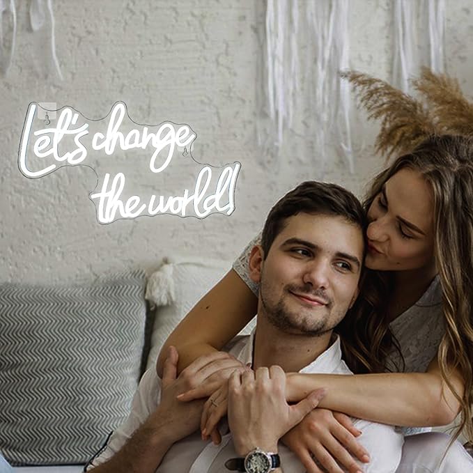 Horseneon Let's Change the World Neon Led Sign, White Neon Signs for Wall Decor, Neon Lights Signs with USB Powered for Bedroom, Living room, Wall Hanging Decor