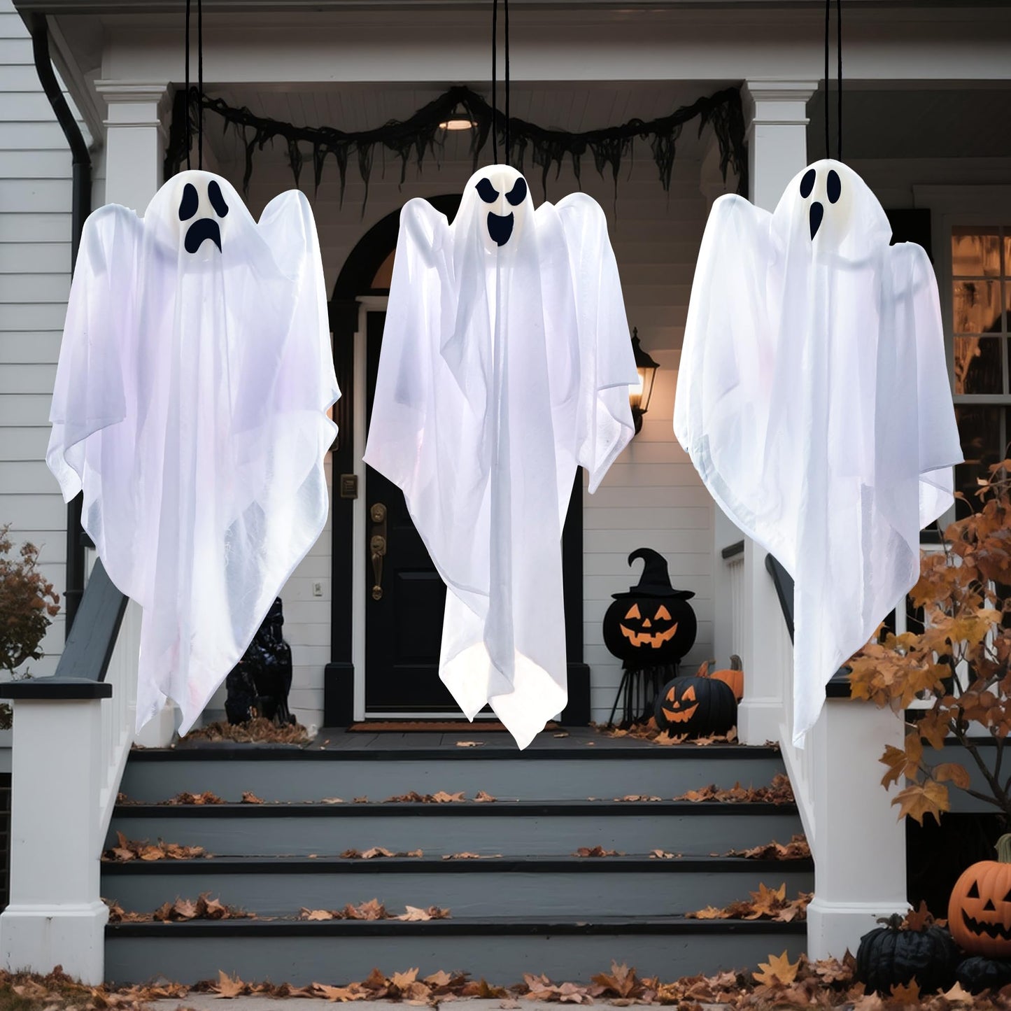 JOYIN 3 Pack Halloween Party Decoration 27.5" Hanging Ghosts, Cute Flying Ghost for Front Yard Patio Lawn Garden Party Décor and Holiday Decorations