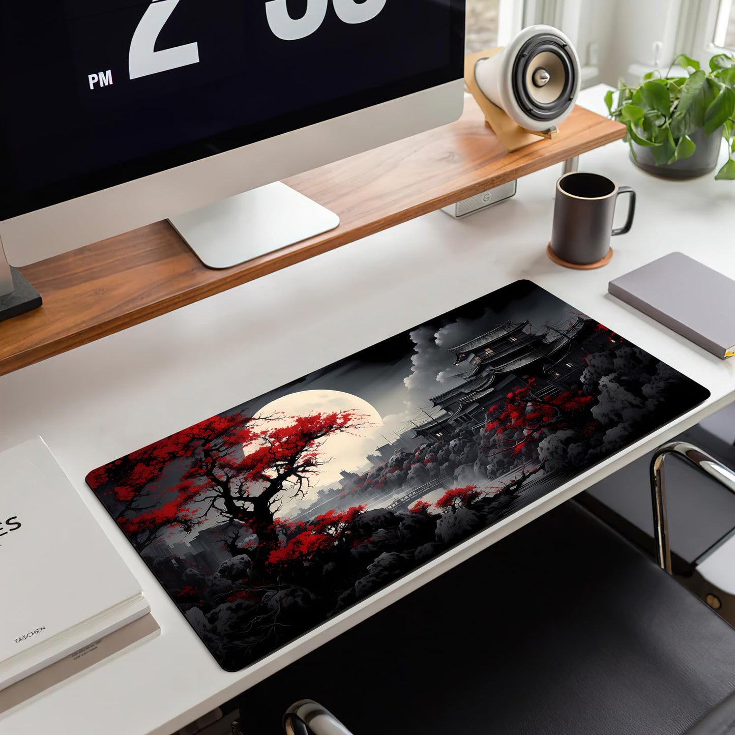 Riverside Full Moon Japanese Desk Mat - Large Black Red Gaming Mousepad XXL Keyboard Pad 31.5 x 11.8 in - Extended Mouse Pad for Laptop Computer Office Desk Decor