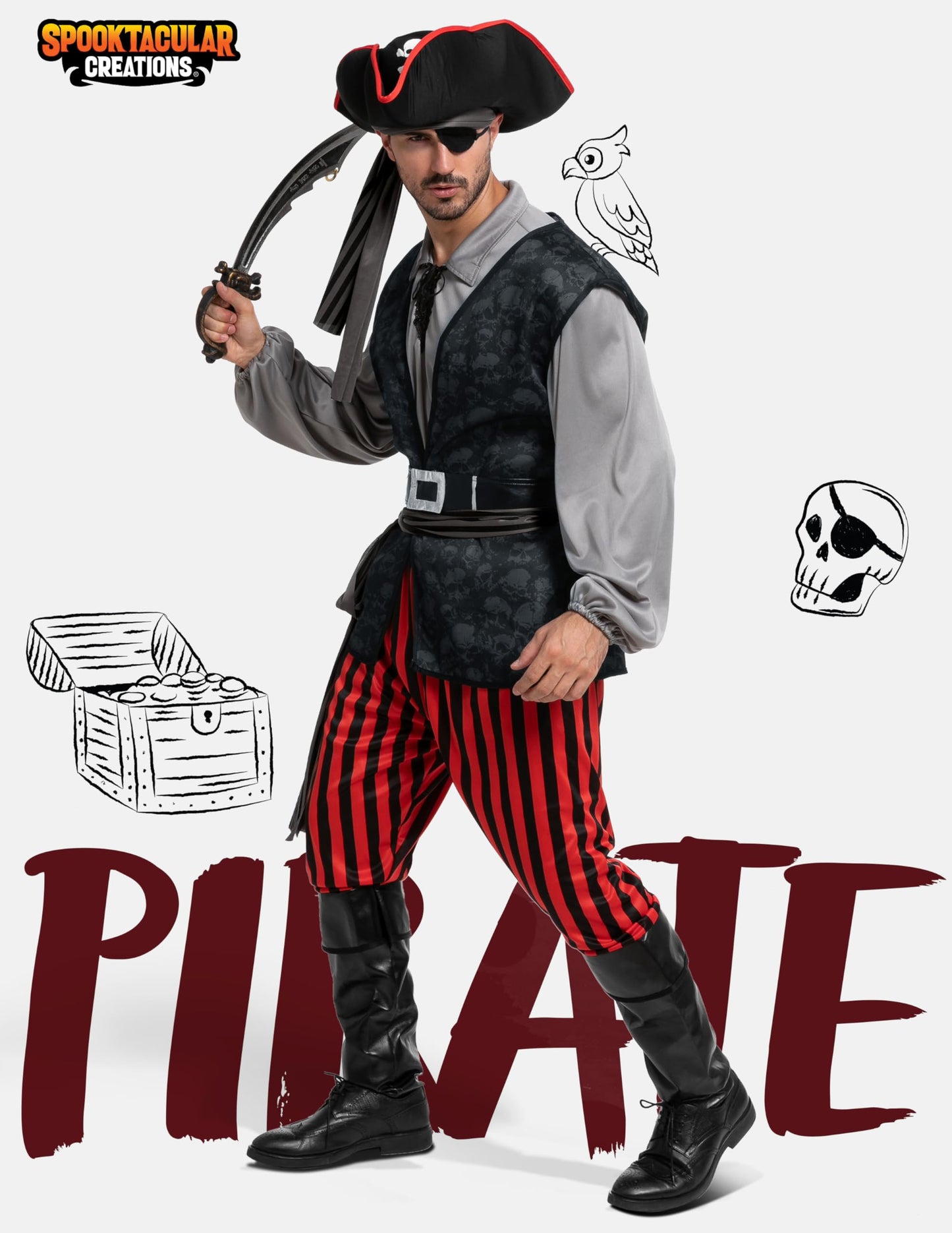Spooktacular Creations Men Pirate Costume, Adult Grey Pirate Shirt Vest Viking Pants Hat Accessories Set for Halloween Themed Trick or Treating Cosplay Parties (Large)
