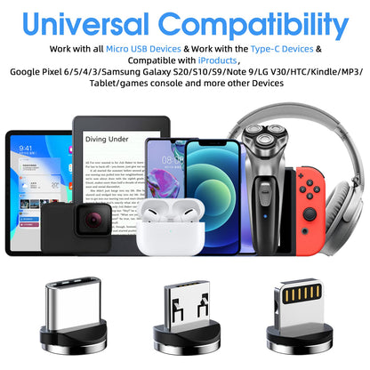 3 in 1 Magnetic Phone Charger - 5-Pack Rotating Magnetic Charger Cable with LED Light, Nylon Braided Cord for Micro-USB, USB C and i-Product Devices - Black