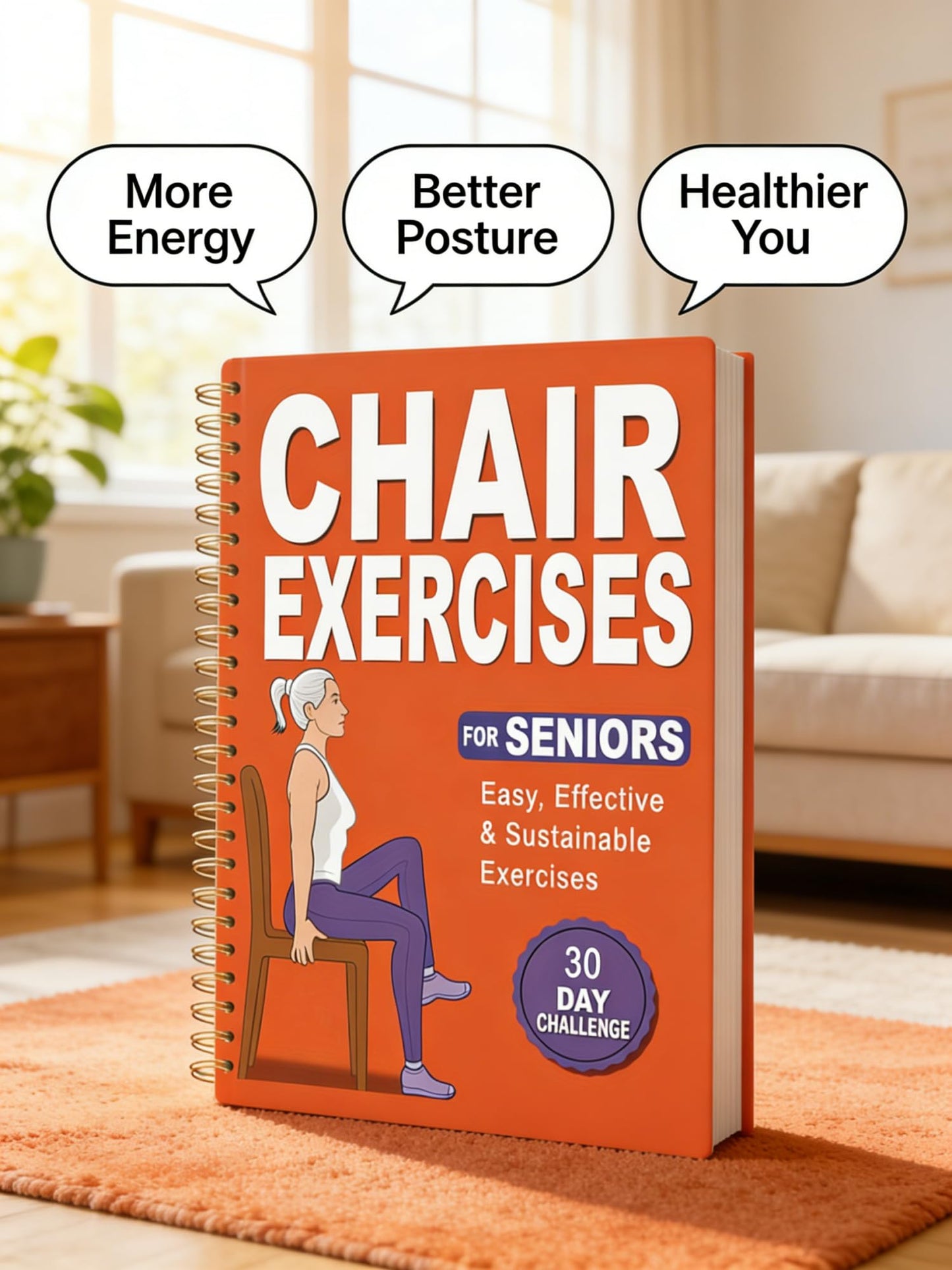 Chair Yoga Book for Seniors Over 60, Orange Cover with Exercise Chart, Gentle Poses for Weight Loss and Mobility, Senior Workout Guide for Beginners