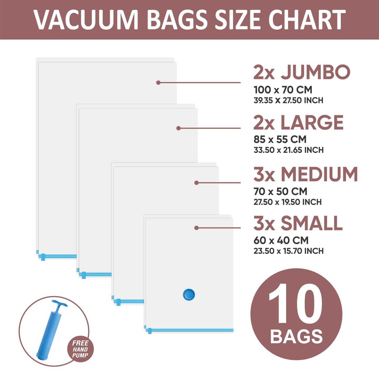 10 Space Saver Vacuum Sealed Storage Bags (2 Jumbo/2 Large/3 Medium/3 Small) with Hand Pump, Seal Bags for Clothing, Comforters, Pillows, Towel, Blanket Storage, Bedding