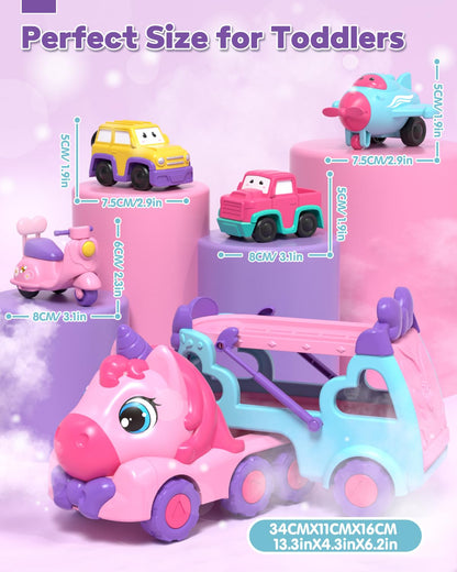 Lehoo Castle Toddler Toys for 1 2 3 Year Old Girls, Unicorn Gifts for Girls, 2 Year Old Cars Toys for kids, Birthday Gifts Carrier Truck with Light & Music