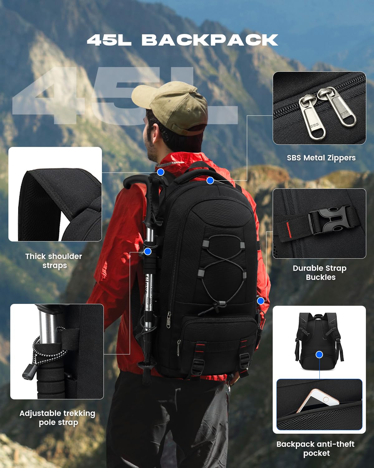Besttravel Travel Backpack, 45L Hiking Backpacks Water Resistant Multi-functional Trekking Rucksack Travel Laptop Backpack Mens Fits 17.3 Inch Computer for Camping Climbing Cycling, Black