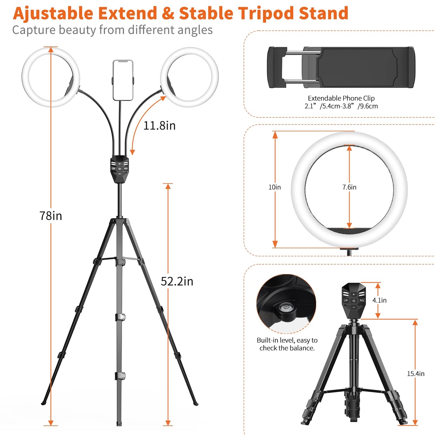 SEBIDER 10" LED Ring Light with Tripod Stand & Phone Holder,Dual LED Ring Lights Dimmable with 5 Light Modes(2700-6500K) &12 Brightness for Makeup/Photography/TikTok/YouTube/Selfie Live Streaming