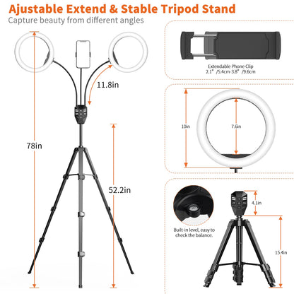 SEBIDER 10" LED Ring Light with Tripod Stand & Phone Holder,Dual LED Ring Lights Dimmable with 5 Light Modes(2700-6500K) &12 Brightness for Makeup/Photography/TikTok/YouTube/Selfie Live Streaming