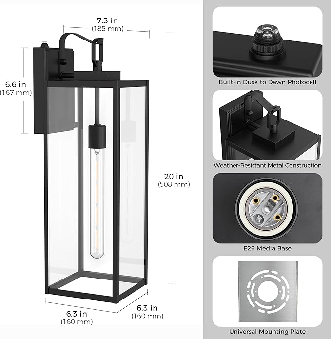 L LOHAS LED 2 Pack 20 Inch Large Size Dusk to Dawn Outdoor Light Fixture, Matte Black Waterproof Anti-Rust Porch Lights Ourdoor, Exterior Lighting Fixtures for Porch, Doorway, Garage, ETL Listed