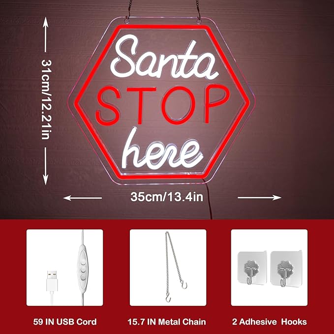 Santa Stop Here Neon Sign – Christmas LED Wall Light, Holiday Decoration for Home, Porch, or Party