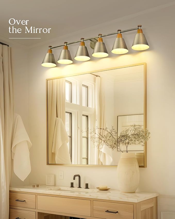 FEMILA Brass Light Fixture Bathroom, 6 Light Brushed Gold Vanity Light, 45.3" Bathroom Lighting Fixture Over Mirror, 4FG59B-6W BG