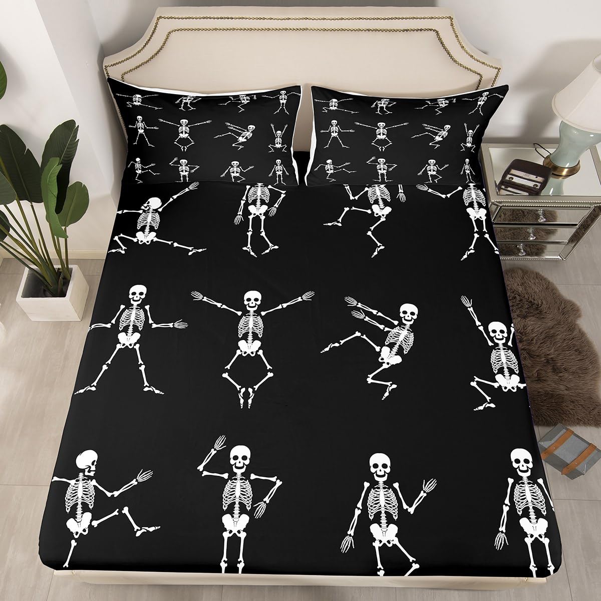 Erosebridal Sugar Skull Sheet Set Twin Size Skeleton Bones Bedding Set for Kids Boys Girls Teens Adult Halloween Horror Theme Fitted Sheet Gothic Spooky Bed Sheet Wrinkle Bedclothes(No Flat Sheet)