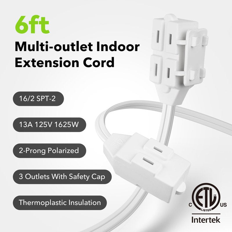 BN-LINK 6 ft 3 Outlet Indoor Extension Cord 16/2 SPT-2, 2 Pack White, 2 Prong Polarized Plug, Household Power Cord for Home, Office, and Holiday Decorations