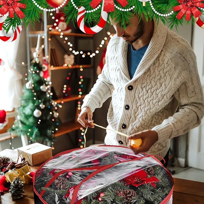 ProPik Christmas Wreath Storage Bag 30" - 2 Pack Clear Christmas Wreath Storage Container - Garland Holiday Artificial Wreath Storage Holder - Water Proof Transparent Clear PVC (30 Inch, Red)