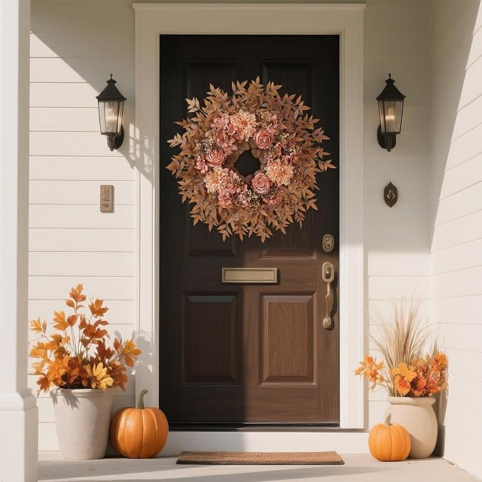 26" Fall Wreath for Front Door - Large Artificial Dahlia Flowers Fake Rose Faux Maple Leaves Outdoor Wreath for Porch, Window,Farmhouse,Home,Thanksgiving Day Harvest Festival Autumn Decor