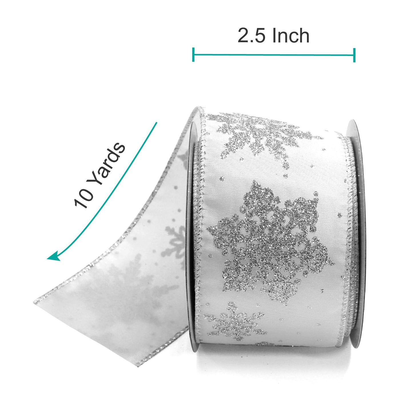 CT CRAFT LLC White Satin with Silver Snowflake Wired Ribbon 2.5 Inch x 10 Yards for Christmas Home Decor Tree Topper Bow Gift Wrapping DIY Crafts Wreath Garland