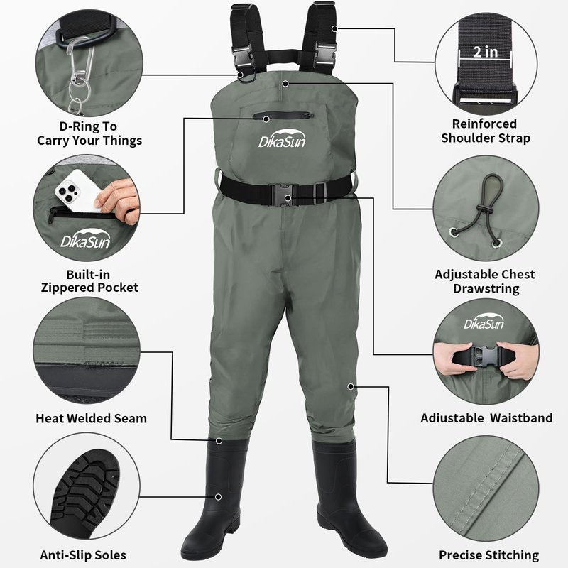 DikaSun Fishing Waders for Men & Women, Waterproof 2-Ply Nylon/PVC Chest Wader with Boots for Outdoor Sizes 4-13 Bootfoot