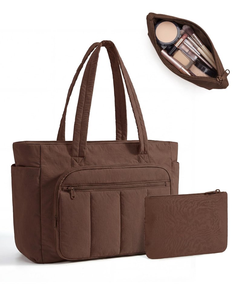 BAGSMART Tote Bag for Women, 2 Set Puffer Tote Bag with Zipper, Quilted Nurse Handbags for Work Travel College, Chocolate
