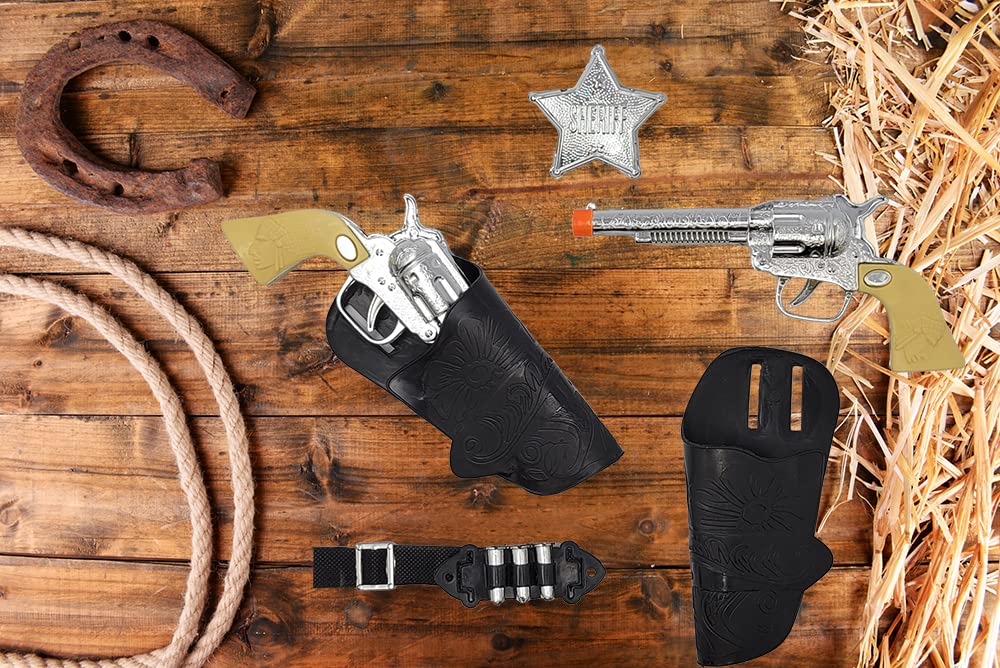 The Dreidel Company Kids Cowboy Toy Gun Holster & Belt 9 Piece Set. 2 Toy Pistols, 1 Sheriff Badge, 2 Gun Holsters & 3 Play Bullets, 1 Old Western Action Belt for Sheriff - Adjustable for Halloween