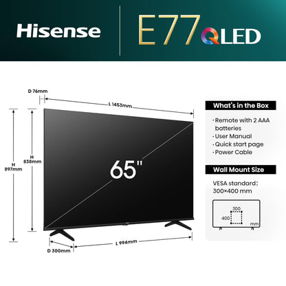 Hisense 65 Inch 4K QLED Smart TV 65E77NQTUK - Quantum Dot Colour, 4K AI Processor, Dolby Vision Atmos, Smooth Motion, Sports Mode, Vidaa OS with Freely, Youtube, Netflix and Disney+ (2024 Model)