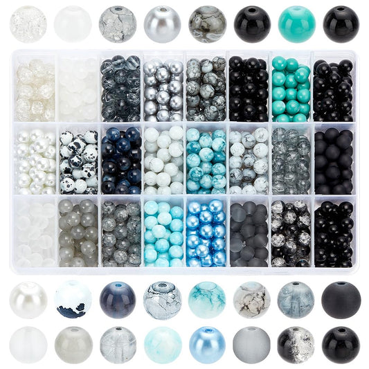 1080pcs 8mm Glass Beads 24 Color Black Bracelet Beads Round Crystal Glass Bead Marble Rosary Loose Bead for Bracelet Necklace Jewelry Making Supplies Women Men Halloween Eid Mubarak Ramadan Decoration
