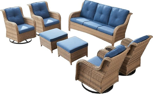 Rilyson Patio Furniture Swivel Chairs Set - 7 Piece Wicker Rattan Outdoor Sectional Conversation Sets with 4 Swivel Rocking Chairs,2 Ottomans and 1 Sofa for Porch Deck Garden(Yellow/Blue)