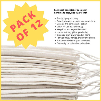 DR 100 Percent Cotton 10x15 Muslin Drawstring Bags for Clothes Storage Pantry (10 x 15 inch - 12 pack, Beige)