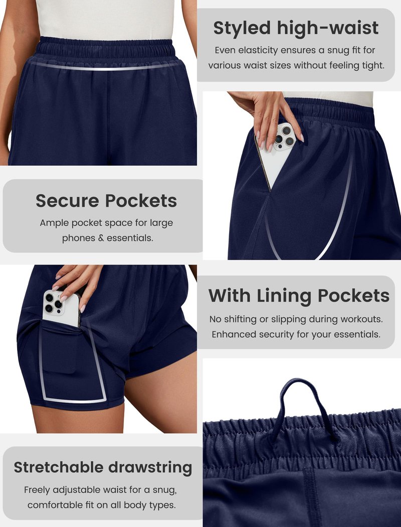 FireSwan Athletic Shorts for Women 2 in 1 High Waisted Quick Dry Running Workout Gym Active with Pockets Navy Blue Medium
